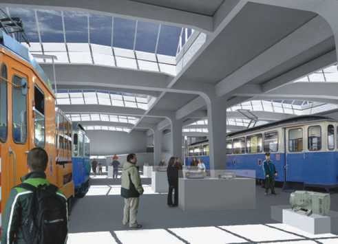 [virtuelle Ansicht Haupthalle MVG-Museum mit Trambahn]